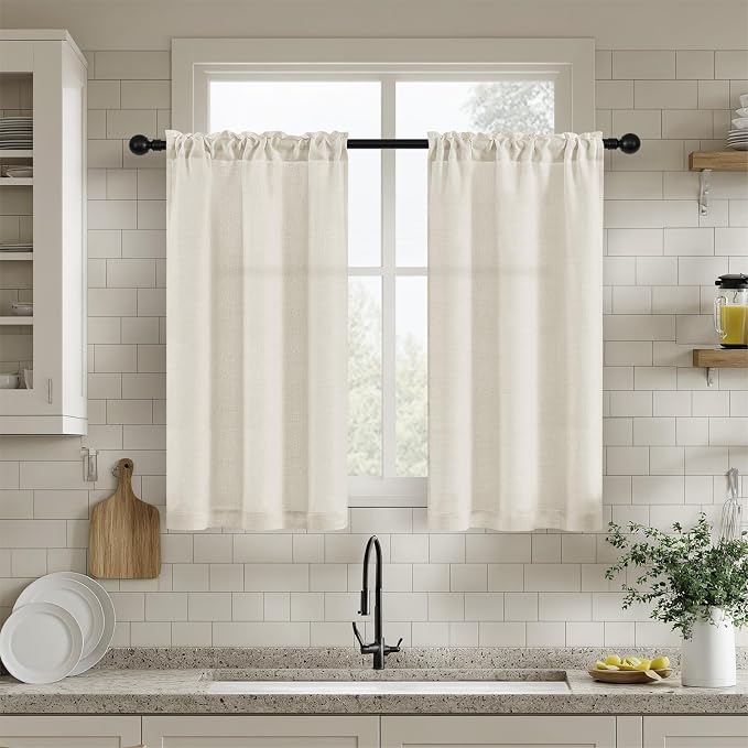 Kitchen Curtains 36 Inch Length Farmhouse Linen Natural Cafe Bathroom Window Drapes Decorative Rod Pocket Semi Sheer Light Filtering Short Curtains for Laundry RV 36 Inches Long W25xL36