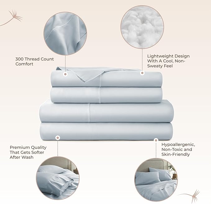 100% Organic Cotton Sheets King Size - GOTS Certified Organic Bed Sheets with Deep Pocket 300 Thread Count & Cozy Sateen Weave Gets Softer with Each Wash - Luxury 4 Piece Set (Powder, King)