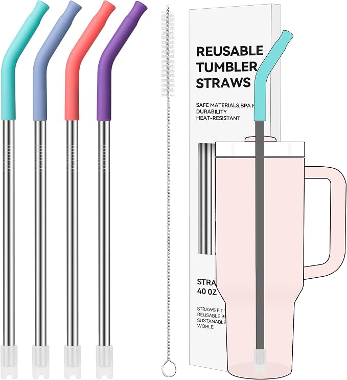 40 oz Straight Metal Straws for 40 oz Stanley Tumbler | 6 Pcs Stainless Steel Reusable Drinking Metal Straw with Colourful Silicone Tips,Straw for Glass Cups, BPA FREE