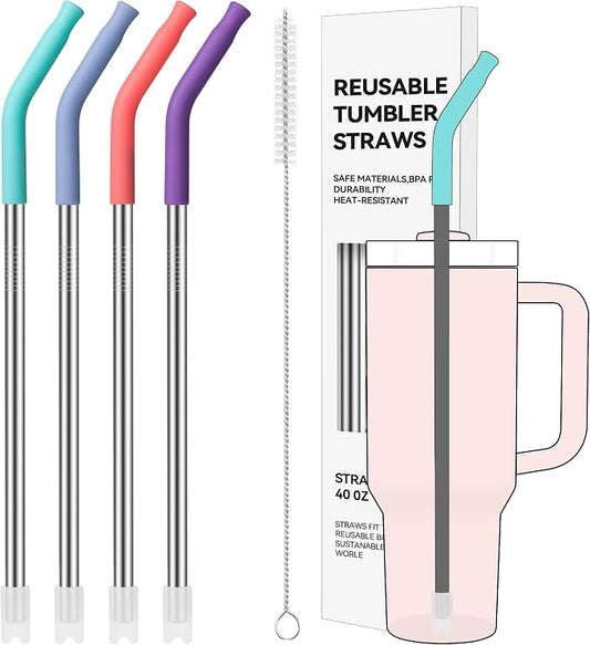 40 oz Straight Metal Straws for 40 oz Stanley Tumbler | 6 Pcs Stainless Steel Reusable Drinking Metal Straw with Colourful Silicone Tips,Straw for Glass Cups, BPA FREE