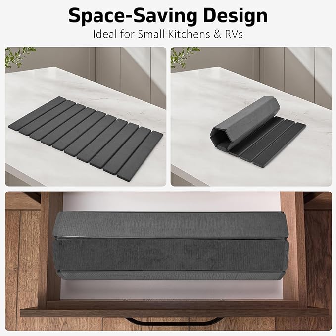 Large Stone Dish Drying Mats for Kitchen Counter, Fast Drying Collapsible Drying Mat, Eco-Friendly Absorbent Diatomaceous Earth Mats for Dishes Cups, Match Any Countertop (Dark Gray 24"×16" & 8"x4")
