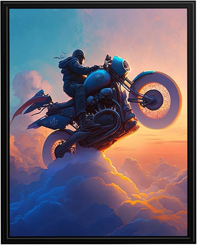 InkFlow Posters Motorcycle Rider Poster - Futuristic Biker in the Clouds - Surreal Sunset Art for Living Room, Bedroom, Home - Adventure-Themed Graphic Print - 16x20 Unframed Canvas Print