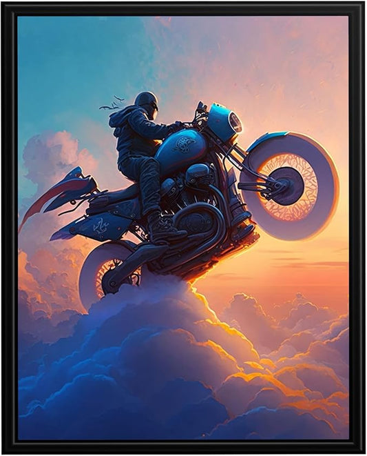 InkFlow Posters Motorcycle Rider Poster - Futuristic Biker in the Clouds - Surreal Sunset Art for Living Room, Bedroom, Home - Adventure-Themed Graphic Print - 8x10 Unframed Canvas Print