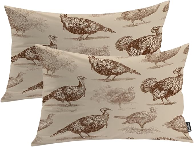 Shrahala Wild Turkeys Decorative Throw Pillow Cover, Vintage Turkey Illustration Lumbar Pillowcase Blended Double-Sided No Inserts for Bedroom Living Room Set of 2 (12 x 20 in)