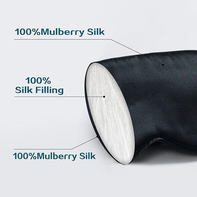 100% 22 Momme 6A Grade Double-Sided Pure Mulberry Silk Eye Mask Soft Breathable Sleep Blindfold with Elastic Headband for Men and Women Pack of 1 (Black)