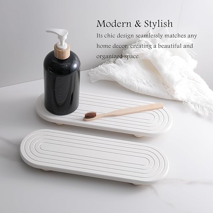 2PCS Water Absorbing Stone Tray for Sink, Quick Drying Diatomite Bathroom Tray Countertop, Stone Drying Mat for Kitchen Counter Faucet, Soap Dish Dispenser Vanity Organizer, White-11.8" x 4"