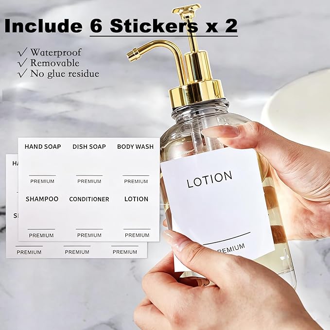 Dish Soap Dispenser for Kitchen, Hand Glass Soap Dispenser Set with Pump, Tray, Funnel for Bathroom, Shower, Laundry, Liquid, Lotion (Gold 2 Pack 18 Oz Clear Bottles with 12 Stickers)