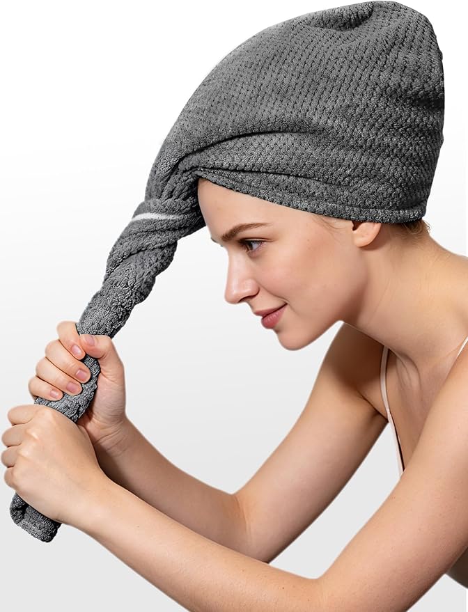3 Pack Microfiber Hair Towel Wrap for Women, Hair Drying Towels with Button, Super Absorbent Quick Dry Hair Turban, Anti-Frizz Hair Wrap for Curly Thick Long Hair (Gray Khaki Misty Blue)