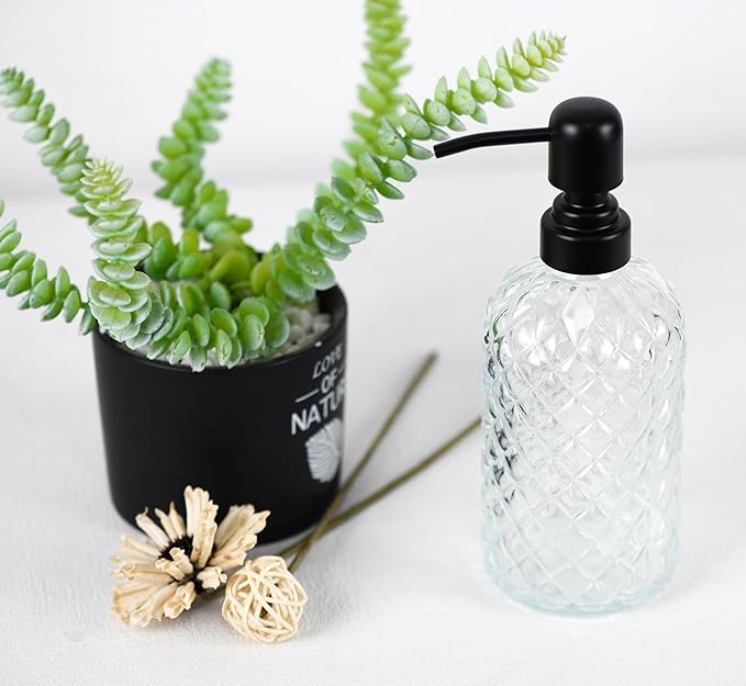 12Oz Glass Soap Dispenser with 304 Black Rustproof Stainless-Steel Pump, Refillable Glass Soap Dispenser for Kitchen, Bathroom, Farmhouse (Clear)