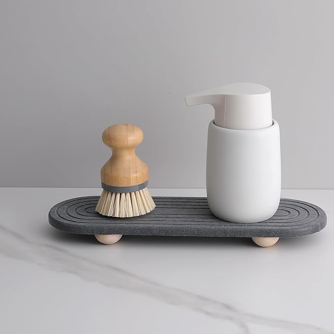 2PCS Water Absorbing Stone Tray for Sink, Quick Drying Diatomite Bathroom Tray Countertop, Stone Drying Mat for Kitchen Counter Faucet, Soap Dish Dispenser Vanity Organizer, Dark Gray-11.8" x 4"