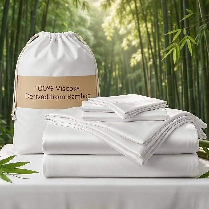 Real 100% Viscose Derived from Bamboo Sheets Set California King Size, Cooling & Silky Soft for Hot Sleeper, Luxury with Breathable & Moisture Wicking Fabric, 18" Deep Pocket with Corner Straps(W, CK)