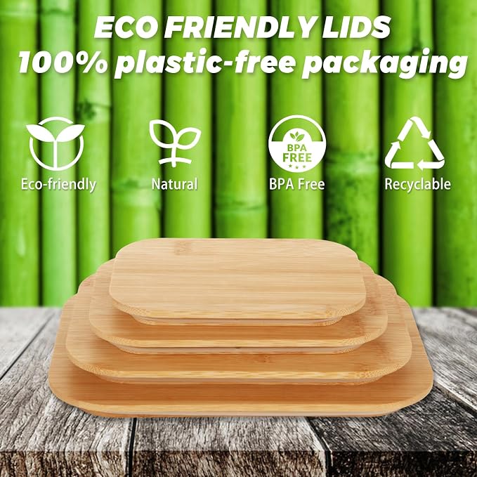 4 Pcs Glass Food Storage Containers with Lids, Meal Prep Containers Glass Set with Bamboo Lids, Silicone Seals, Rectangular Kitchen Set for Lunch, Fridge and Pantry
