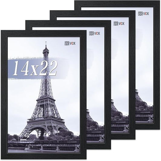 VCK 14x22 Picture Frame Set of 4 - Black, Gallery-Quality Wood Poster Frames, 1.1-Inch Wide Border, Polished Plexiglass, Vertical or Horizontal Wall Display for Photo/Art/Prints, Black