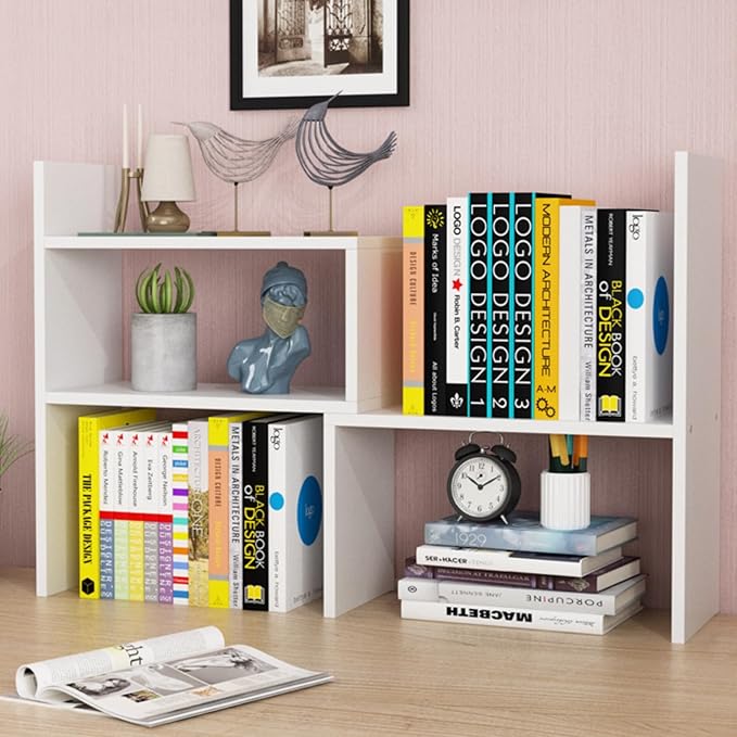 PowerKing Wood Desktop Organizer, Adjustable Display Shelf Rack for Home Office Desktop Storage Supplies Organization (White)