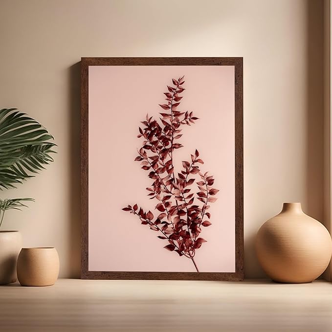 Monem Art Dried Red Botanical Branch Print - Minimalist Boho Nature Poster - Wall Decor for Living Room, Bedroom or Office - 16x20 Brown Framed Wall Art by Mareike Bohmer