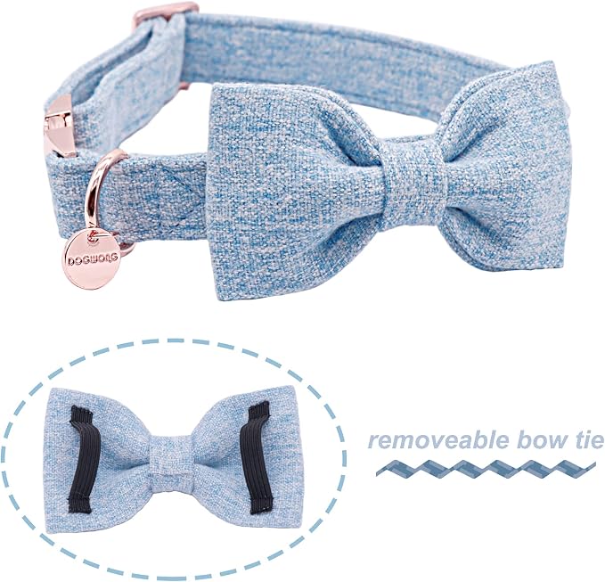DOGWONG Hemp Cotton Dog Collar with Bow, Blue Pet Collar Durable Adjustable Puppy Collar for Small Dogs