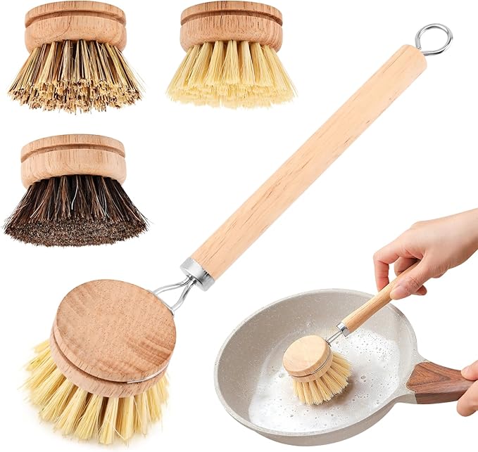Bamboo Dish Brush with Handle - 3 Replacement Heads, Soft Bristles Kitchen Brush, Bamboo Dish Scrubber for Dishes Vegetable, Pots and Pans, Kitchen Utensils(Color:Wood)