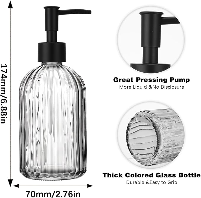 3 Pack Glass Soap Dispenser with Rust Proof Pump, 14 Oz Refillable Liquid Soap Dispenser for Bathroom & Kitchen (Grey)
