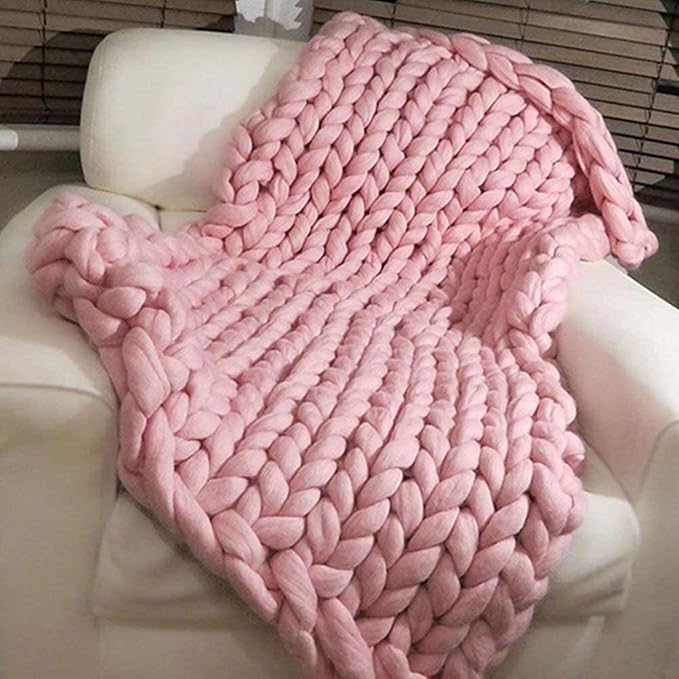 BBPM Chunky Knit Throw Blanket 100% Hand Made Large Merino Wool Loop Yarn Soft Fluffy Throws for Couch Sofa Bed Big Crochet Cozy Heavy Thick Cable Woven Blanket,Pink,100x120cm/39x47in