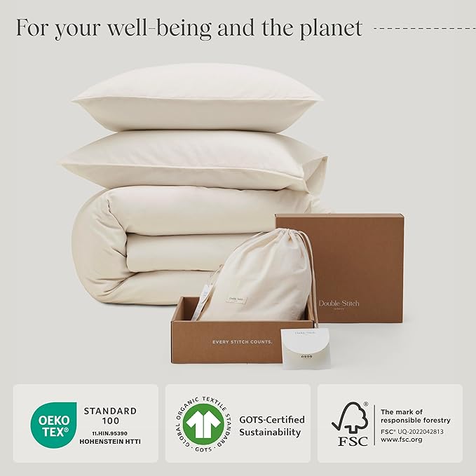 Double Stitch Organic Cotton Queen Bundle: 4-Piece Sheet Set & 3-Piece Duvet Cover, 300 TC Sateen Weave, GOTS Certified Long Staple Cotton, Made in India, Coconut Milk
