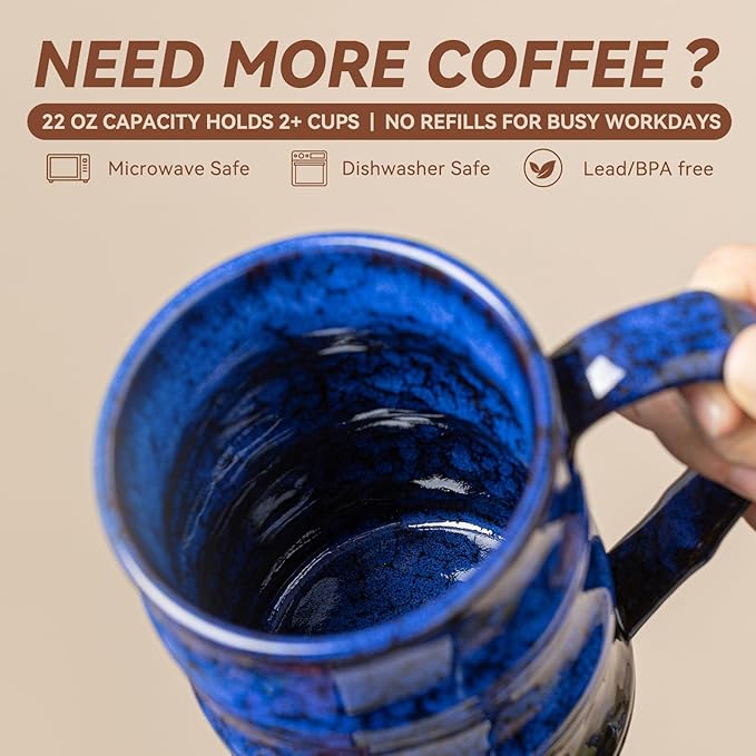 22oz Blue Kiln-Change Ceramic Coffee Mug with Ergonomic Handle, 1340℃ High-Fire Large Mug - Lead-Free, Microwave Safe, Great Gift for Valentine’s/Mother’s Day