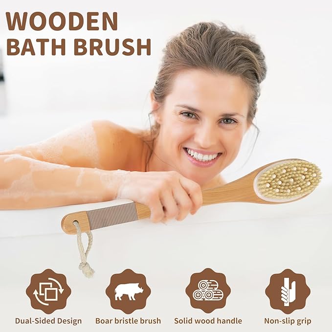 Back Scrubber for Shower, Shower Brush Long Handle with Boar Bristle and Massage Nodes, Exfoliating Body Scrubber for Lymphatic Drainage, Cellulite & Blood Circulation