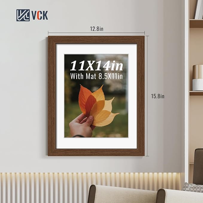 VCK 11x14 Picture Frames Brown 3 Pack, Wide Border Wood, Tempered Glass, Display 8.5x11 Photo with Mat or 11 x 14 without, for Home, Office, Gallery, Woodgrain Series, Wall Hanging