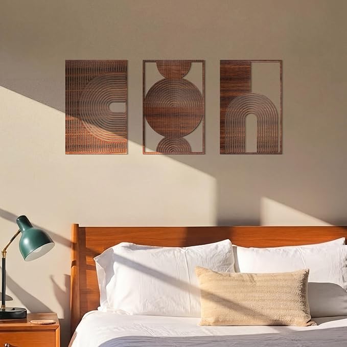 Yerliker 3 Pcs Mid Century Modern Wood Wall Art Decorations 3D Geometric Abstract Wall Sculpture for Living Room Bedroom Office Minimalist Aesthetic(Mid-century,15.75 x 15.75 x 1.97 Inch)
