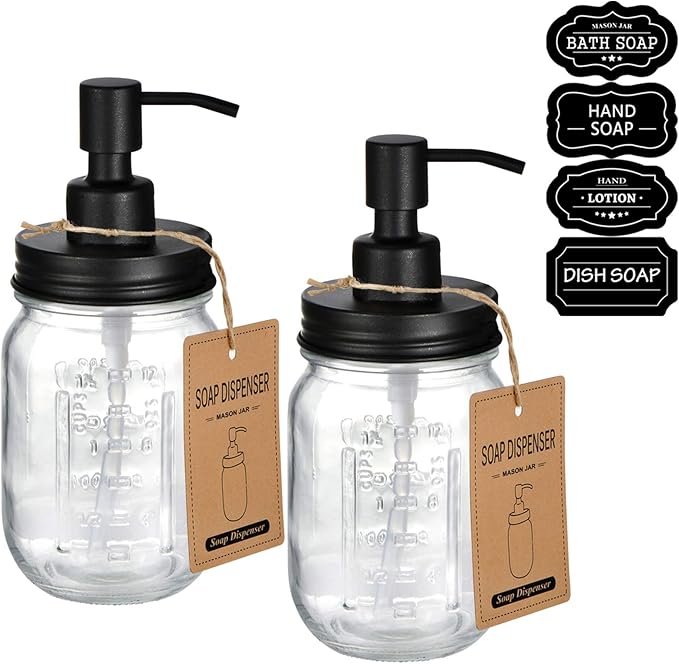 Amolliar Mason Jar Liquid Soap Dispenser, 16OZ Refillable Glass Soap Dispenser for Bathroom, Hand Soap, Dish Soap, Lotion Dispenser for Kitchen, Farmhouse Decor, Soap Pump Bottle, Black 2 Pack