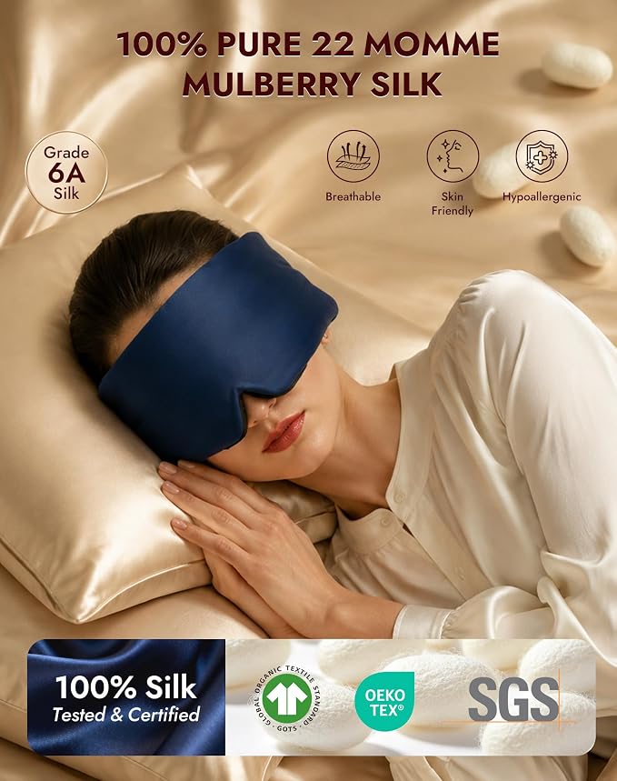 SilkSilky Silk Sleep Mask for Side Sleepers - 22 Momme 100% Mulberry Silk, Wide Face-Hugging 3D Eye Mask for Total Blackout, Zero Pressure & Adjustable Band for Women Men (Dark Blue)