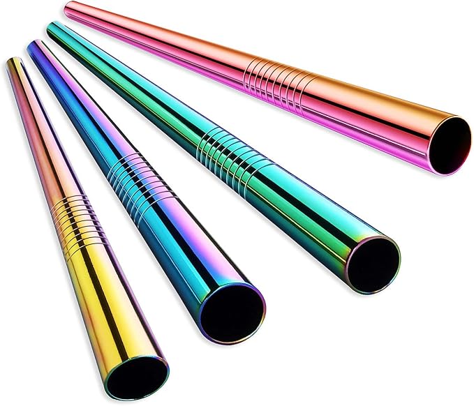 ALINK Stainless Steel Metal Boba Straws, 12mm x 9 inch Extra Wide Colored Reusable Smoothie Straws, Pack of 4 with Cleaning Brush & Carrying Case