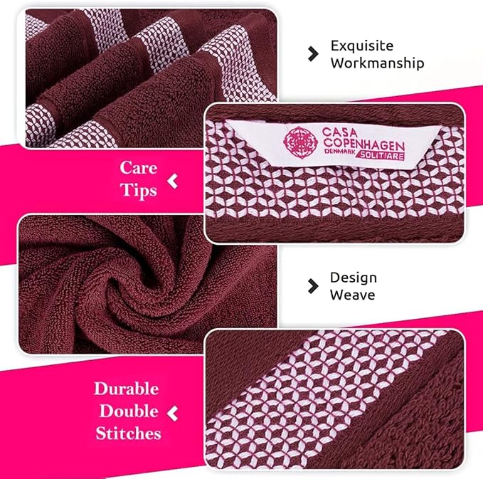 CASA COPENHAGEN Solitaire 6Pcs 100% Egyptian Cotton Large Designer Towels Gift Set- Wine, 600GSM, 2Bath 2Hand 2Washcloths, Bath Towels for Bathroom (Box Pack, Gift Set for Women & Men)
