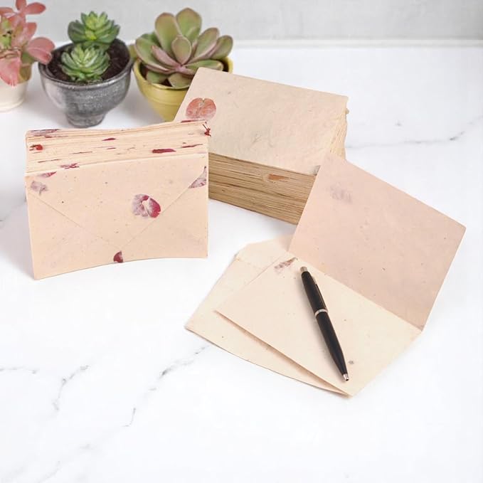 Kathmandu Valley Co. 50 Vintage 4x6 Handmade Lokta Paper Nepali Cherish Greeting Cards & Matching Decorative Flower Petal Envelopes. Folded blank cards. Handmade In Nepal. (Bougainvillea)