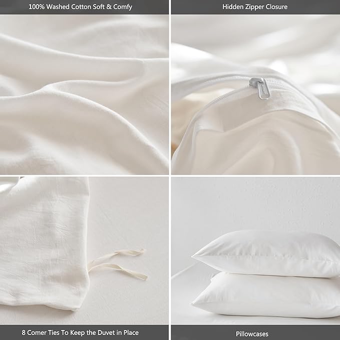 MooMee California King Duvet Cover Set, 100% Washed Cotton Linen Like Twill Thick Sturdy Material Super Soft Breathable Durable Bedding for All Season, 3 Pieces (Off White, Cal King 104"x98")