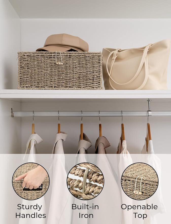 StorageWorks Seagrass Wicker Baskets for Organizing, Medium Wicker Basket with Lid, Decorative Basket with Built-in Handles, Towel Storage for Shelf, 1 Pack