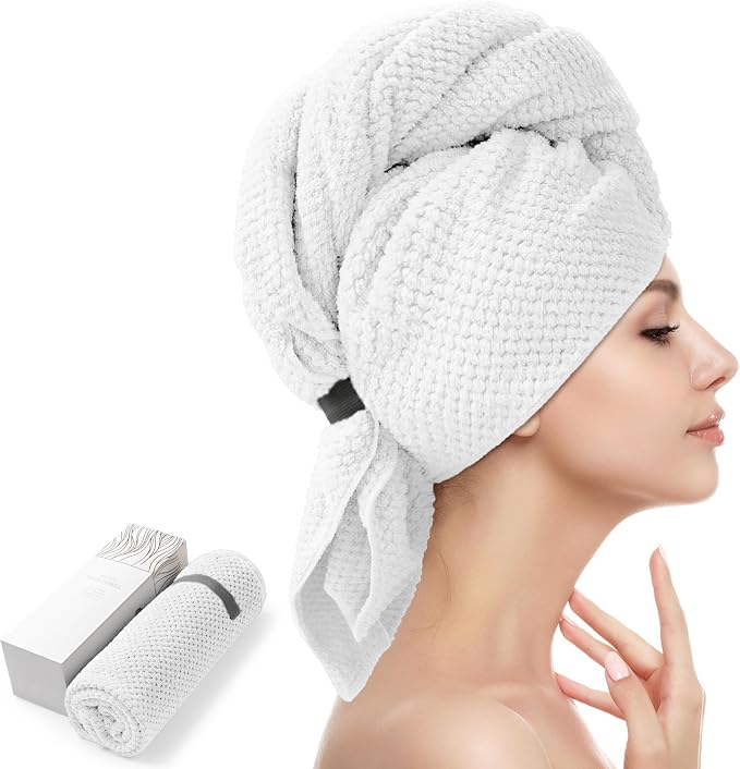 YFONG X-Large Hair Towel Wrap for Women, Super Absorbent Microfiber Hair Towel for Curly Hair, Fast Drying Hair Turbans with Elastic,Hair Drying Towel Wrap for Hair Care 30" X 40" (White)