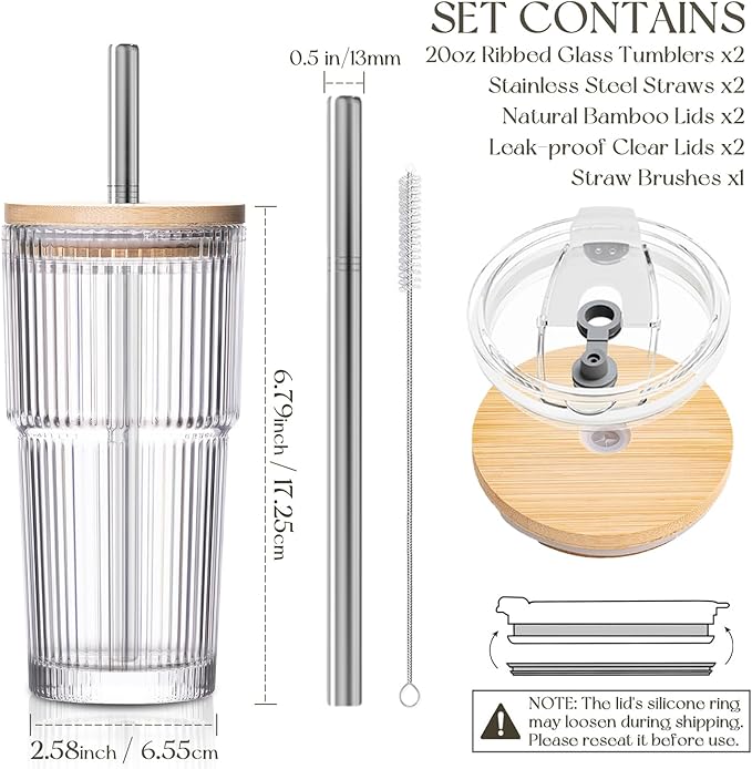 KEMORELA 20oz Ribbed Glass Tumblers with Reusable Stainless Steel Straws, Bamboo & Leak-Proof Dual Lids, Extra-Wide 13mm straw, 2Pc Vintage Drinking Glasses for Boba,Iced Coffee, Smoothies,Travel Cups