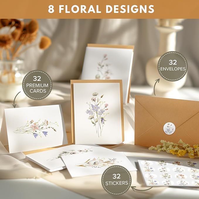 Blank Cards and Envelopes 32 Pack Blank Greet Cards, Beautiful Blank Note Card, Perfect Stationary Set For All Occasions, 8 Assorted Floral Designs, 4" x 6"
