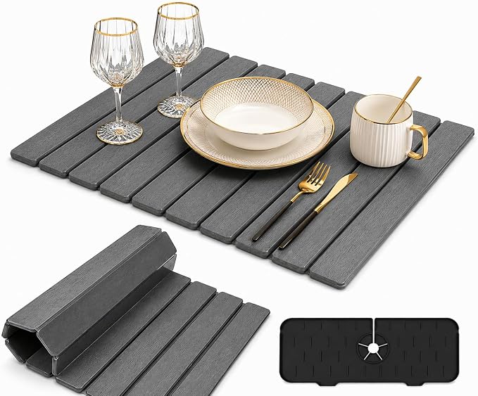 Stone Dish Drying Mat for Kitchen with Sink Splash Guard Counter, Foldable Quick Dry Dish Drying Mats, Absorbent Diatomaceous Earth Stone Drying Mats for Plate Rack Bottles Cups (Gray, 18"L×12"W)
