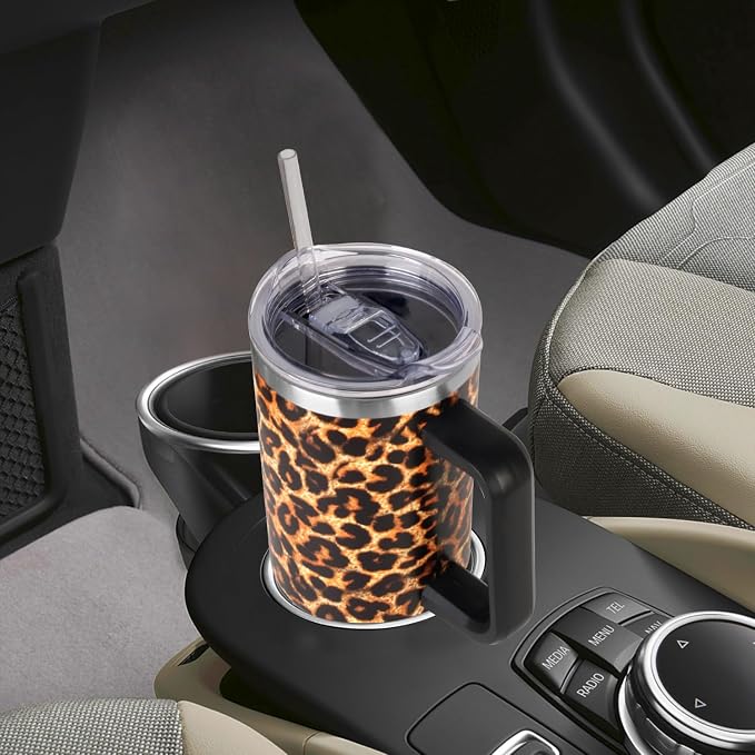 SYACOT 40 oz Tumbler with Handle and Straw Stainless Steel Insulated Tumbler Leak Proof Lid and Straw Lid Reusable Travel Mug Coffee Mug Cup Dishwasher Safe Keep Drinks Cold and Hot (Leopard)