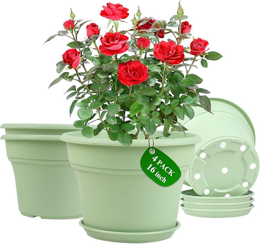 Pottiffe 16 inch Plastic-Flower-Pot-for-Indoor-Plants, 4 Pack Large Outdoor Planter Pot with Drainage Holes & Saucers, Resin Decorative Garden Pots Planters