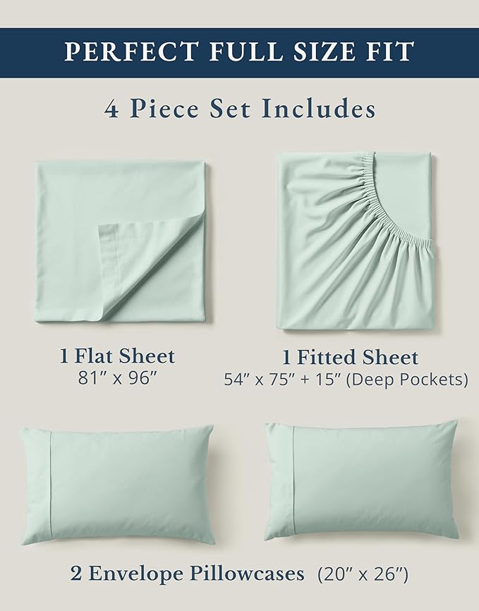 LANE LINEN 100% Organic Cotton Full Sheets Set, Soft & Comfy Percale Weave Fully Elasticized Reinforced Seams Sustainably Produced Oeko Tex Certified Deep Pocket Cotton Full Size Sheet - Cool Blue