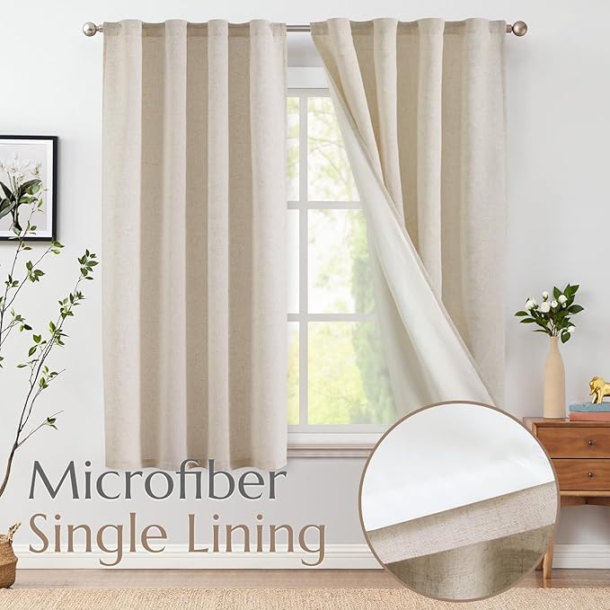 jinchan Natural Linen Curtains with White Privacy Lining Beige Lined Curtains 63 inch for Closet Small Window Living Room Bathroom Farmhouse Cottage Core Light Filtering Rod Pocket Back Tab 2 Panels