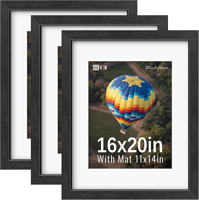 VCK 16x20 Picture Frames Black 3 Pack, Wide Border Solid Wood, Tempered Glass, Display 11x14 Photo with Mat or 16 x 20 without, for Home, Office, Gallery, Woodgrain Series, Wall Hanging