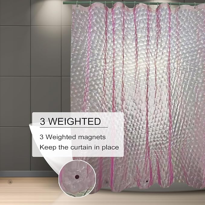 TIKABC Shower Curtain Liner, Eva Pink 4G Lightweight Shower Liner, Plastic Waterproof Shower Curtains, 72x72 inch with 12 Grommet Holes 3 Large Magnetic Weights
