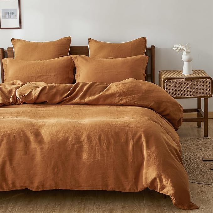 Simple&Opulence 100% Linen Duvet Cover Set 2pcs Natural French Basic Style Washed Flax Solid Color Breathable Soft Farmhouse Bedding with Button Closure (Rust, Twin)