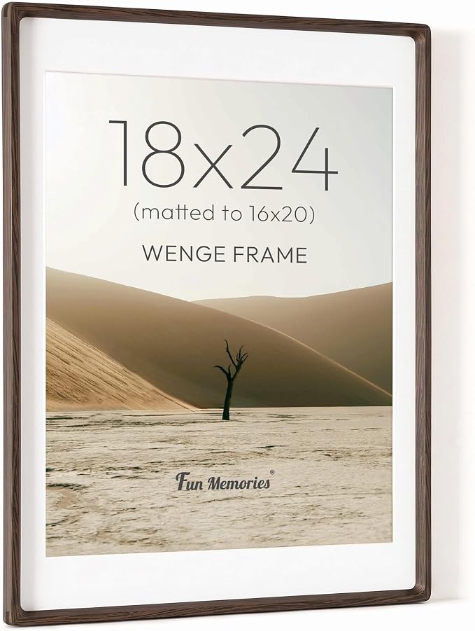 Fun Memories 18 x 24 Poster Frame, Natural Wenge Wood Picture Frame with HD Tempered Glass, Handcrafted Rounded Corner 18x24 Wooden Frame Matted to 16x20 Photos, Horizontal or Vertical Wall Display