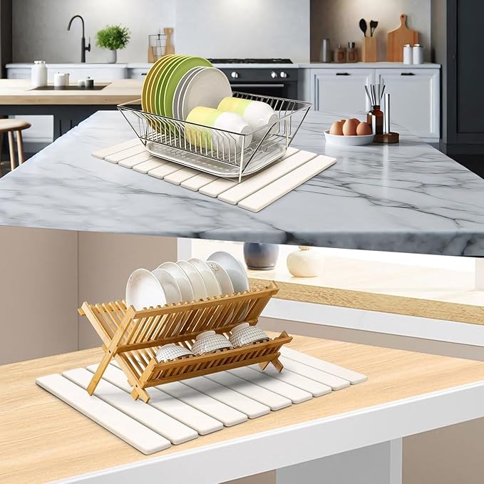 Large Stone Dish Drying Mat for Kitchen Counter, Foldable Quick Drying Dish Mats, Ultra Absorbent Diatomaceous Earth Mats for Dishes Bottles Cups, Match Any Countertop (White 24"×16" & 8"x4")