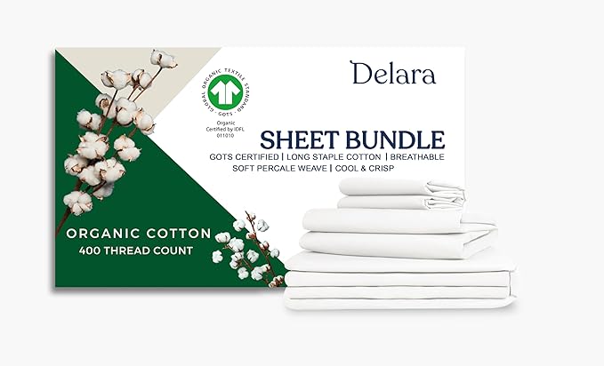 GOTS Certified 100% Organic Cotton Percale 400TC Bedding Bundle, Ultra Soft Silky, Moisture-Wicking, Smooth & Breathable, (White, Twin - 5 Piece with Sheet Set)