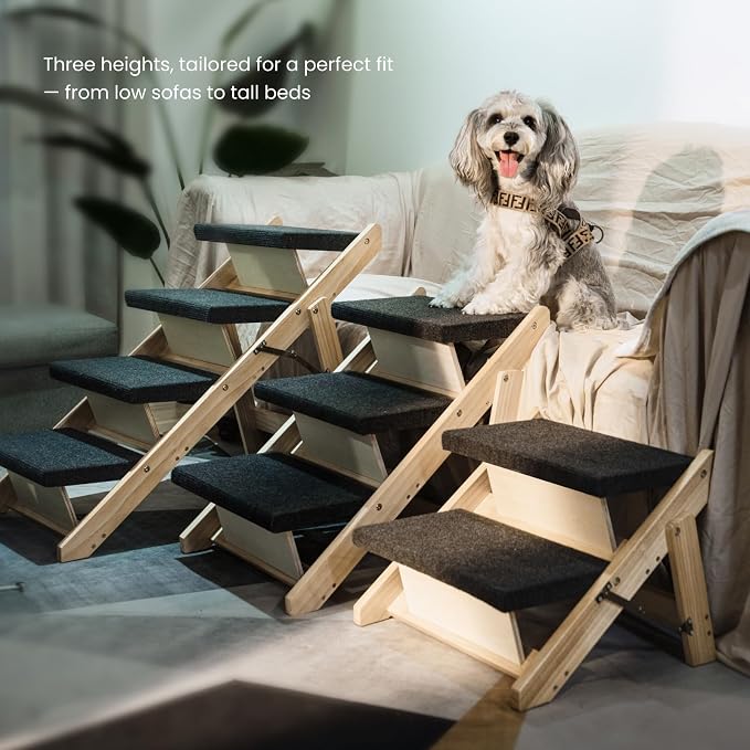 MEWANG Wood Pet Stairs & Ramp for Small/Medium Dogs & Cats, Aging Pets – 2-in-1 Foldable, Portable, Non-Slip Pet Ladder for Tall Beds, Couches, Cars – Holds Up to 220 lbs (31.5" L x 17.2" W x 25.0" H)